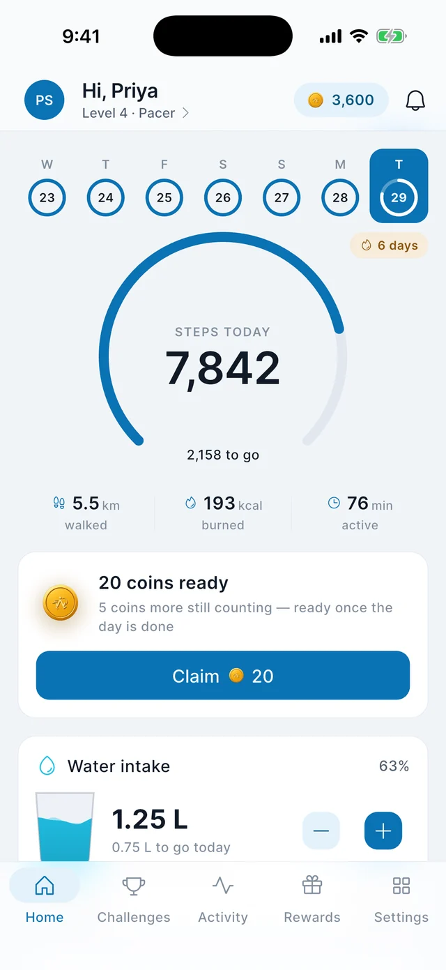 The WalkACK Home screen: 7,842 steps today towards a 10,000 goal, a six-day streak, 20 coins ready to claim, and water logged for the day.